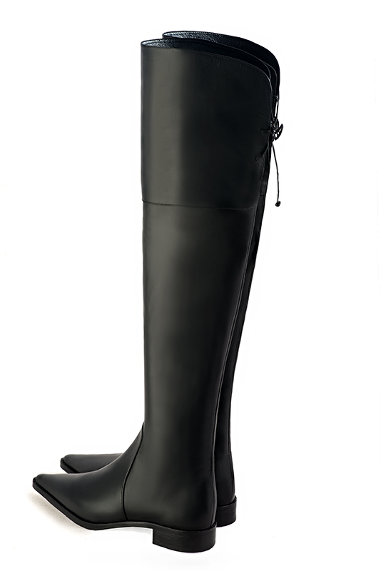 Satin black women's leather thigh-high boots. Pointed toe. Flat leather soles. Made to measure. Rear view - Florence KOOIJMAN